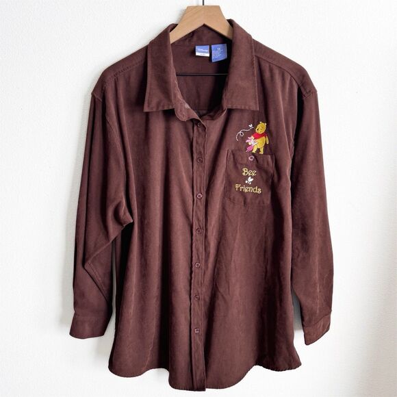 Vintage Disney Top‎ Womens 1X Brown Button Up Shirt Winnie The Pooh Embroidered - Picture 1 of 12